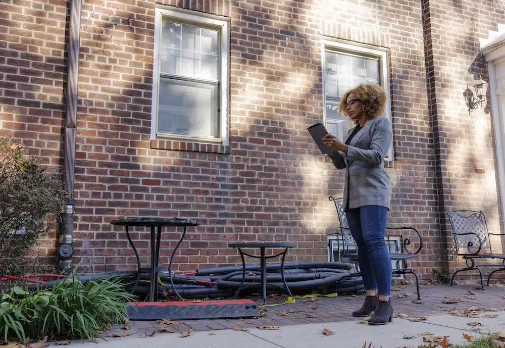 Insurance inspector using a tablet to evaluate the exterior of a brick multi-family building in New York City