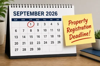 Calendar with the NY Property Registration Deadline of 9/1/2026 circled.